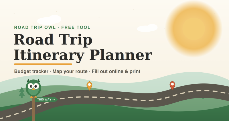Road Trip Owl free road trip itinerary planner — budget tracker, route map, fill out online and print.