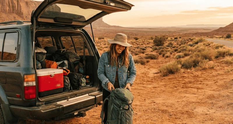 Woman pulling hiking backpack from packed SUV trunk on desert road along Route 66 with wide open Southwest landscape in the background