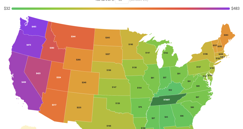 Interactive map showing gas cost to drive from Tennessee to every US state, color coded green to purple by cost