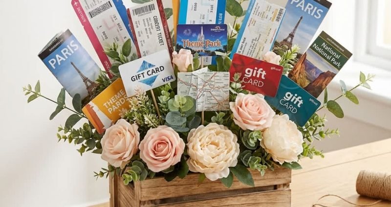 Travel gift ideas arranged as a DIY bouquet with tickets, gift cards, and flowers in a rustic wooden crate
