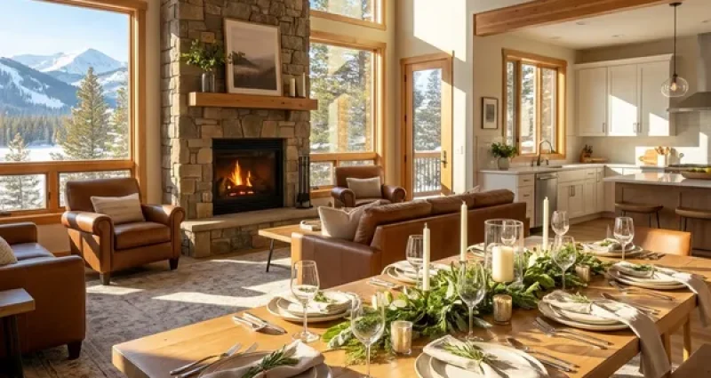 Beautifully set vacation rental dining table with place settings, candles, and greenery in a bright open-concept living space with fireplace and mountain views - example of welcoming guest experience for Airbnb hosts
