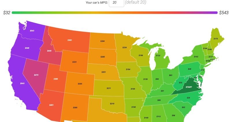 Interactive map showing gas cost to drive from Virginia to every US state, color coded green to purple by cost